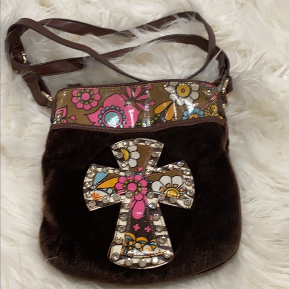 Crossbody w/ rhinestone embellishments & faux fur